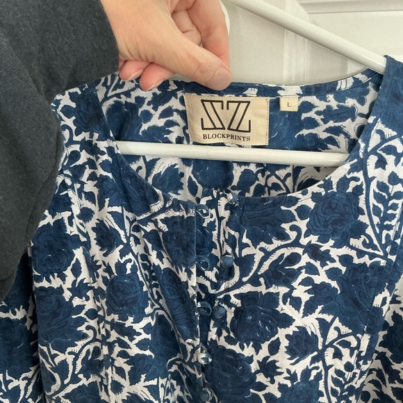 SZ Blockprints blue floral puff sleeve dress sz large - Picture 2 of 6